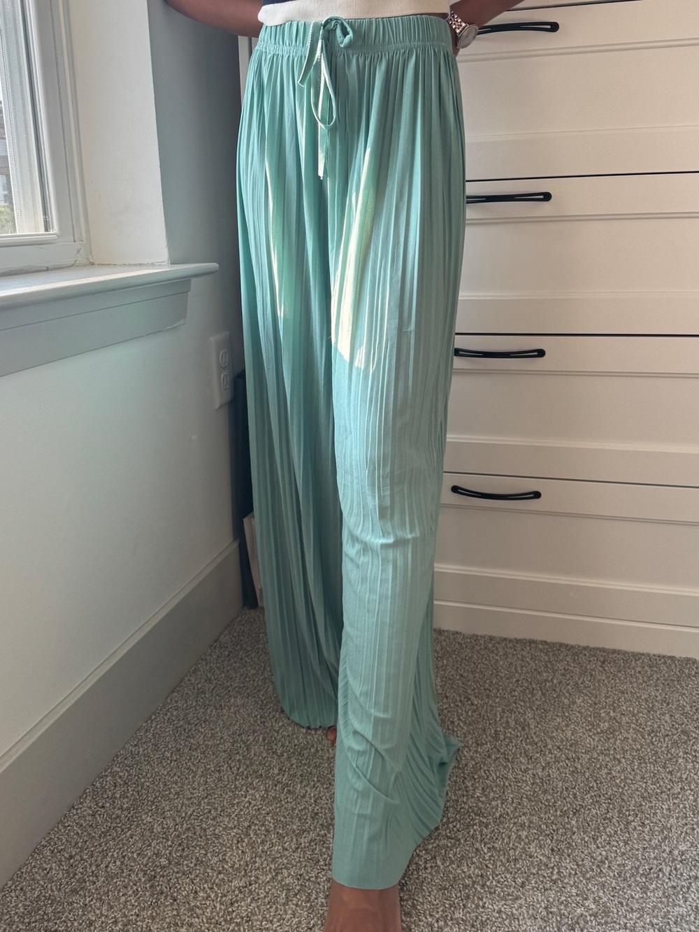 Wide-Leg Pleated Drawstring Pants in Mint Green